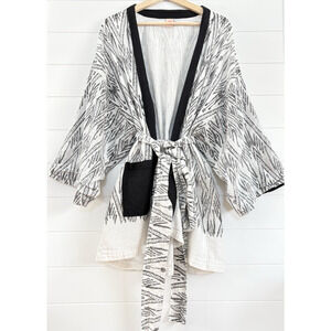 Cupcake Int Black Ivory Ikat Print Kimono Robe Cardigan Belted Cotton Boho L